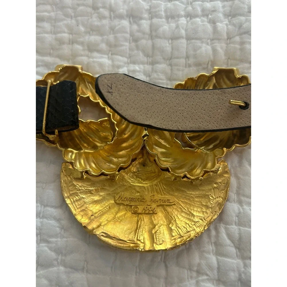 Margarita Barrera Vintage 1994 Gold Sculptural Buckle Black Belt XL 39 Inch